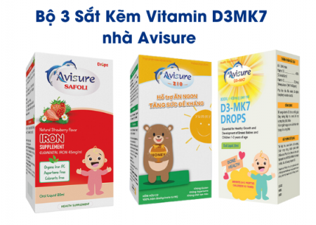 Bộ 3 vi chất SẮT KẼM D3MK7 cho bé Avisure Safoli drop, Avisure Zio và Avisure D3MK7